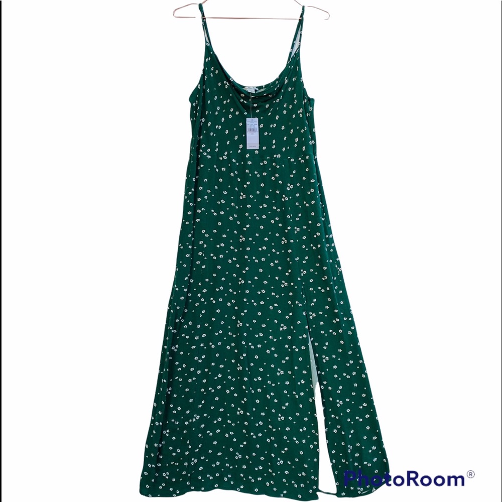 American Eagle Floral Green Maxi/Midi Tank Strap Front Open Slit Dress - Picture 8 of 13